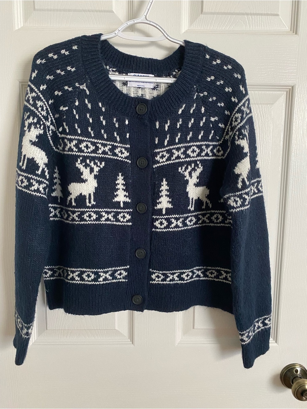 Old Navy Holiday Fair Isle Reindeer and Pine Tree Button-Down Cardigan Sweater